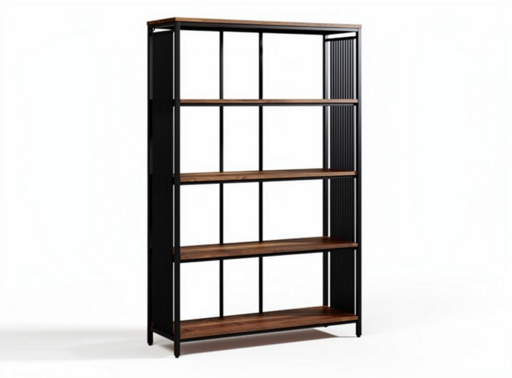 Industrial style bookshelf with seven shelves and black metal frame