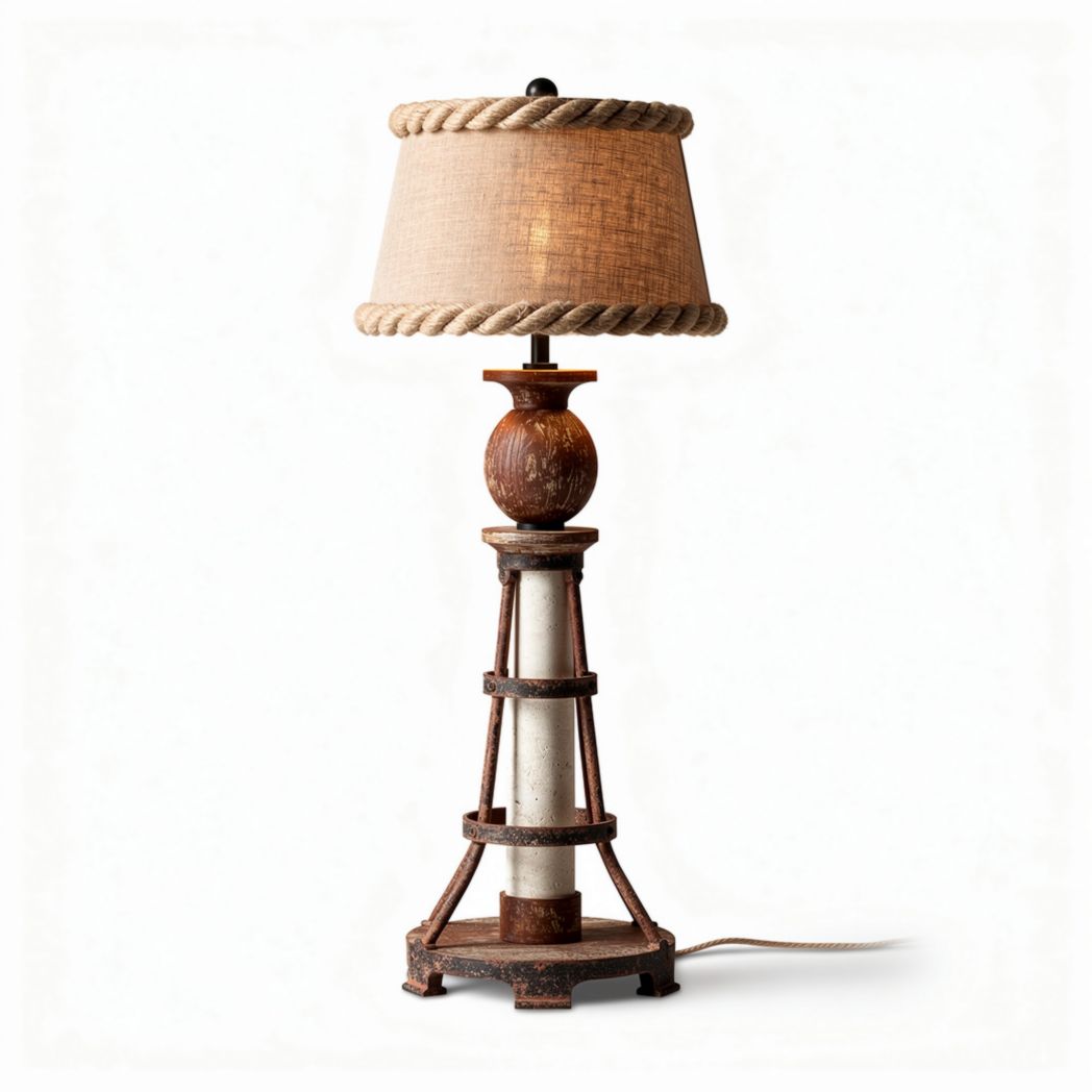Industrial style table lamp with fabric shade and wooden accents 30 x 30 x 60cm