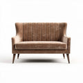 Brown velvet two-seater sofa with vintage design and wooden legs