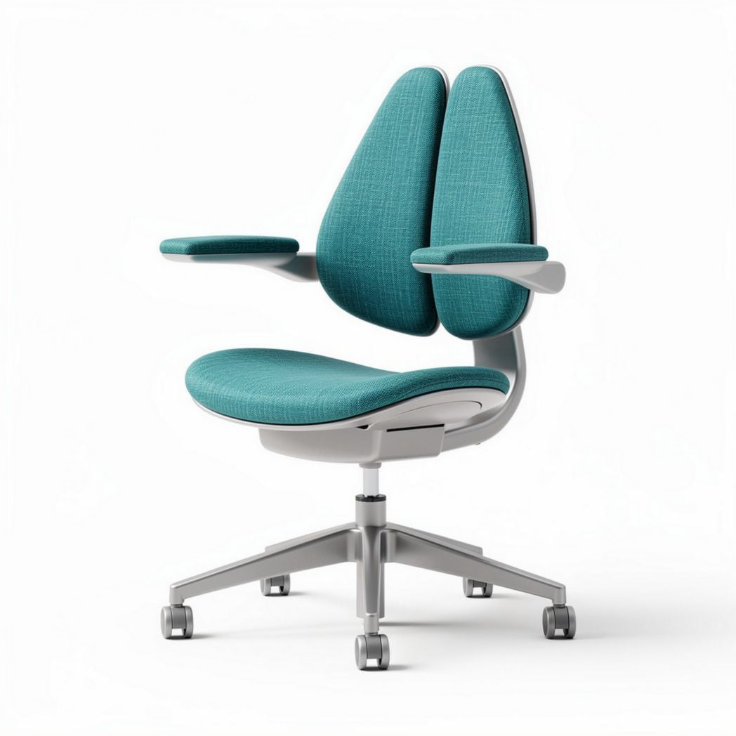 Ergonomic office chair with adjustable armrests and teal fabric upholstery