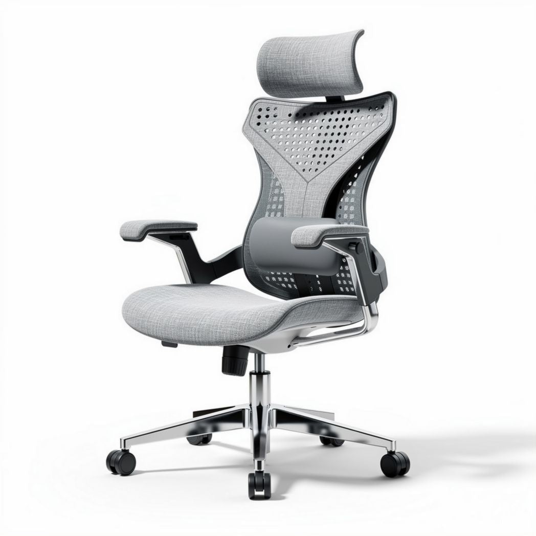 Ergonomic office chair with adjustable headrest and breathable mesh fabric in grey