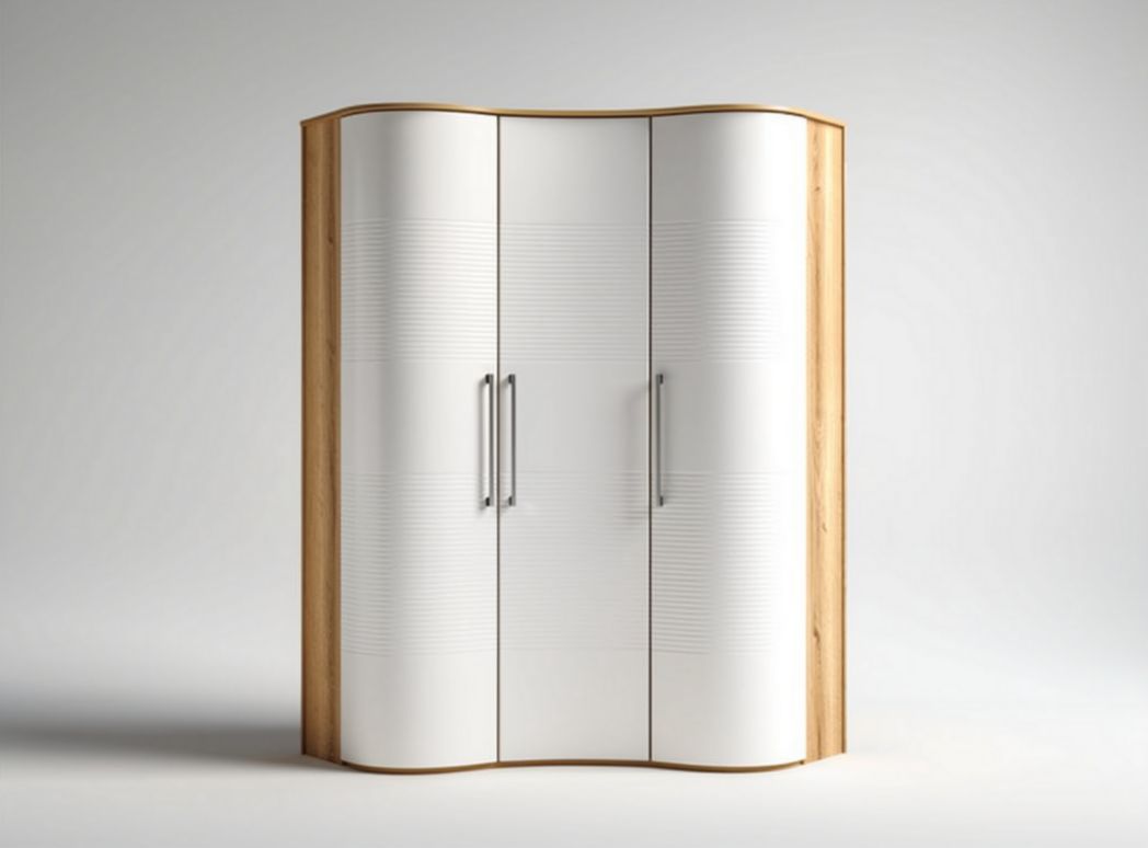 Curved design wardrobe with wooden frame and white textured doors 90 x 40 x 180cm