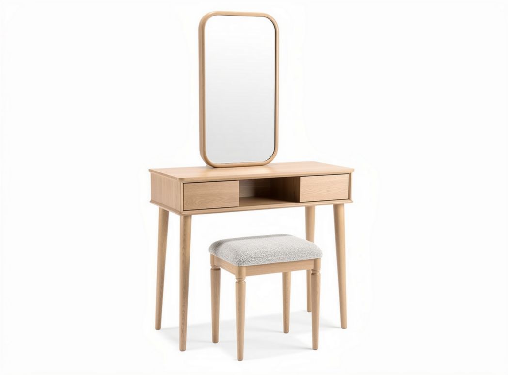 Wooden vanity set with mirror and cushioned stool in natural finish 80 x 40 x 140cm
