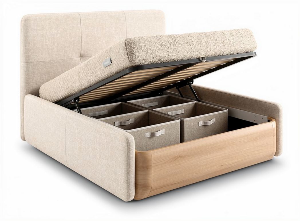 Fabric upholstered storage bed with lift-up mechanism and wood accents 200 x 160 x 100cm