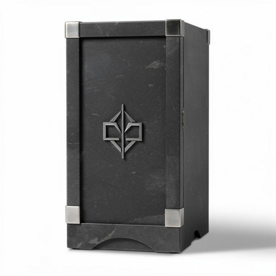 Black stone storage cabinet with metal accents and dimensions 30 x 15 x 45cm